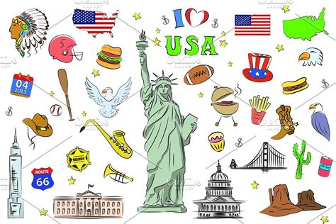 Usa Symbols And Icons Set Travel Stickers Printable Icon Set Doodle