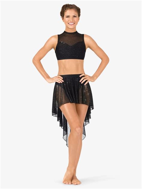 Body Wrappers Womens Performance Sheer Twinkle Mesh High Low Skirt In Black XL X TW Dance