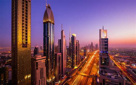 Dubai Sheikh Zayed Road Sunset Evening Skyscrapers Modern