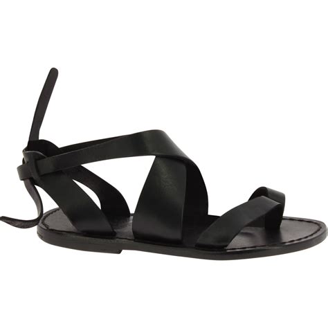 Womens Flat Black Leather Sandals Handmade In Italy The Leather