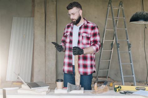 Young Bearded Businessman Builder Repairman Carpenter Archit Stock