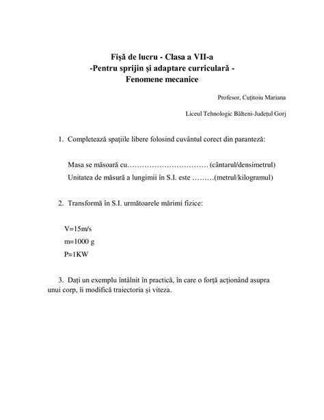 Academiaabc Fișă De Lucru Clasa A Vii A Fizică Fenomene Mecanice