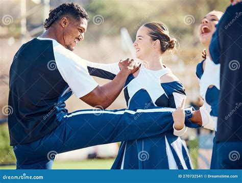 Cheerleader Team Sport And Stretching Outdoor For Fitness Training