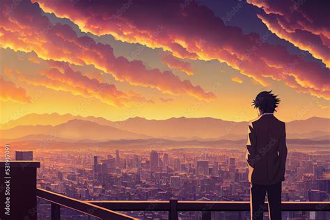 Anime Man Looking In The Distance At Sunset Manga Style Digital