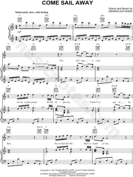 Styx Come Sail Away Sheet Music In C Major Transposable Download And Print Sheet Music
