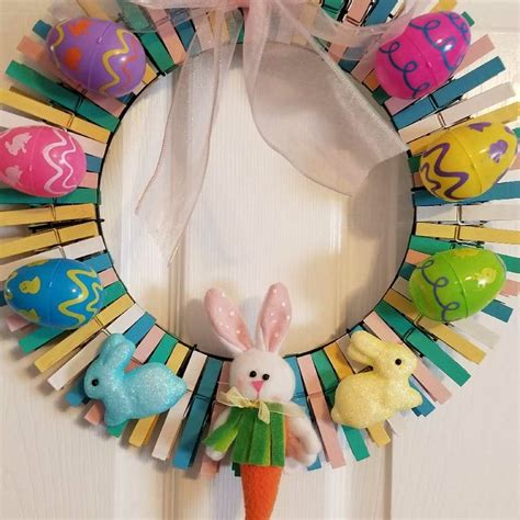Easter Wreath Made With Clothespins Of All Colors With Bunnies And Eggs