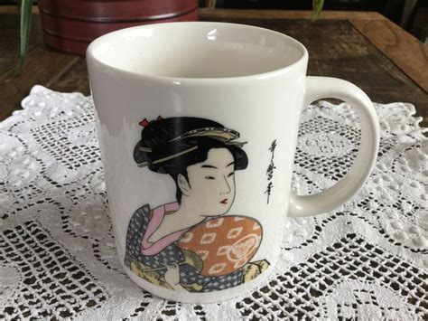 Japan Ceramic Mug Japanese Geisha Large Coffee Mug Asian Motif Mid