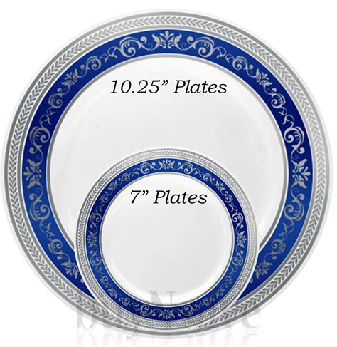 Buynsave Blue With Silver Heavyweight Plastic Elegant Disposable Plates Wedding Party Elegant