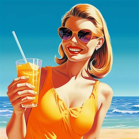 Premium Ai Image Happy Woman Drinking Orange Juice On A Beach Summer Concept
