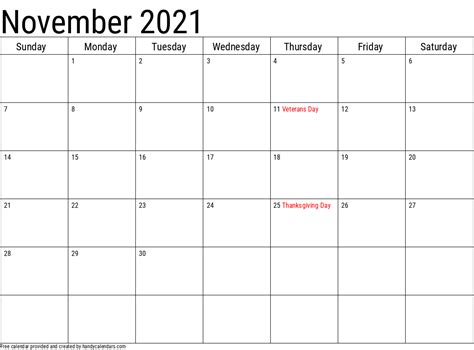 2021 November Calendars Handy Calendars