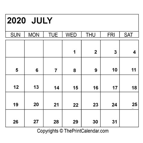 July 2020 Printable Calendar Template Pdf Word And Excel