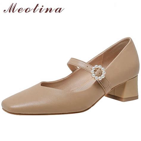 Meotina Genuine Leather Mary Janes Shoes Women Pumps Square Toe Med