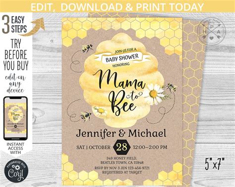 Mama To Bee Baby Shower Party Invitation Little Honeycomb Etsy