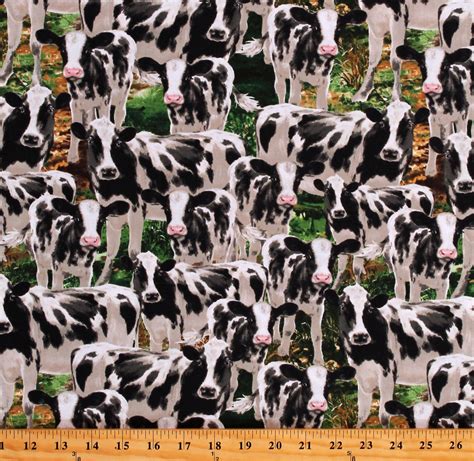 Cotton Animals Cows Farms Farmers Milking Green Cotton Fabric Print By