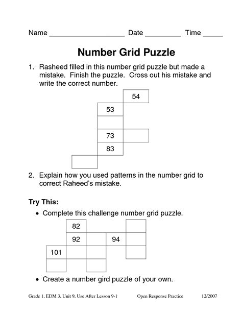 9 Number Grid Worksheets