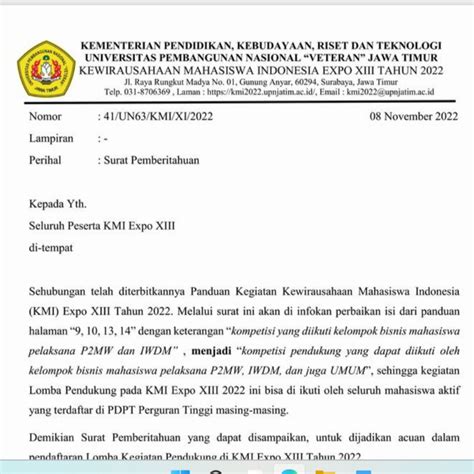 Surat Pemberitahuan Keterangan Lomba Pendukung KMI Expo XIII Tahun 2022