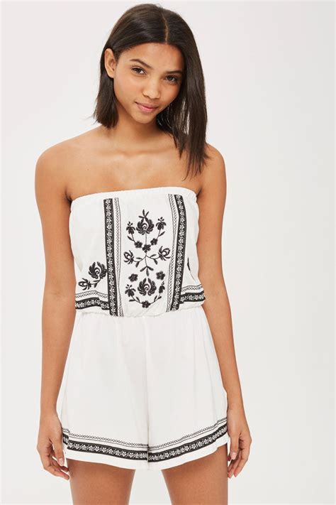 Topshop Petite Embroidered Bandeau Playsuit In White With Black