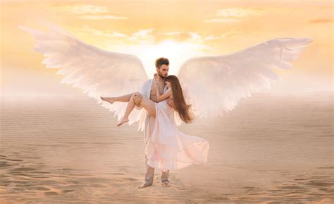 Strong Male Costume Angel Holds Hug Fragile Innocent Woman