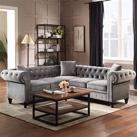 Velvet Tufted Sofa For Living Room Uhomepro Mid Century L Shape