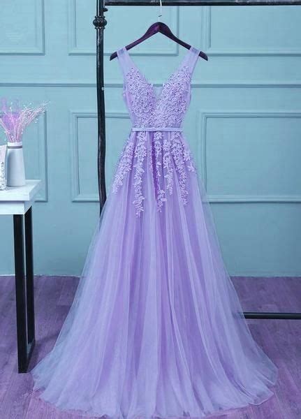 Beautiful Light Purple Tulle Long Party Gown A Line V Neckline Prom