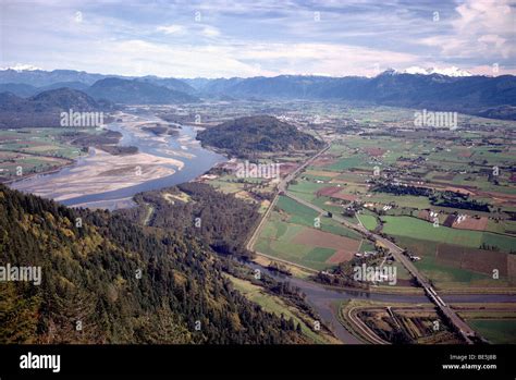 Scenic Aerial View Farmland In Fraser Valley Fraser River And