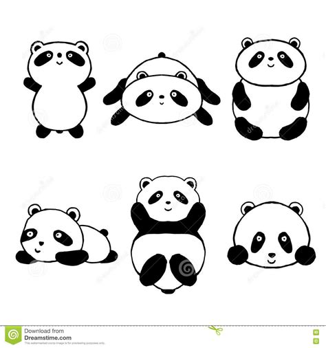 Cute Cartoon Panda Set Icons Black White Hand Drawn Doodle Animal