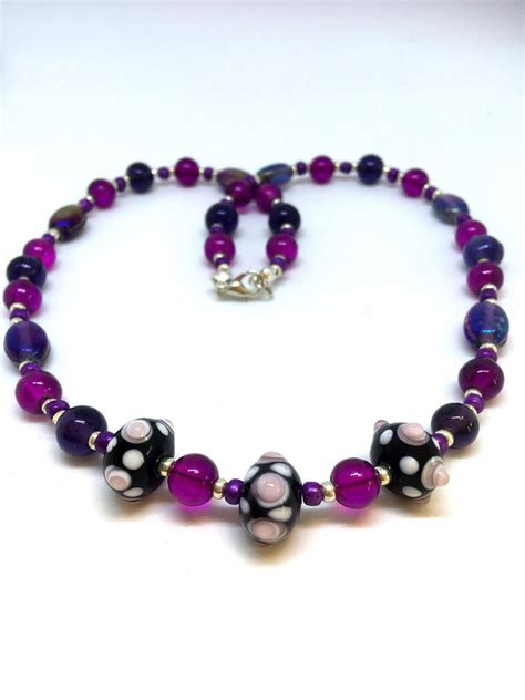 Necklace Handmade Purple Glass Lampwork Bead Pink And White Spots £499