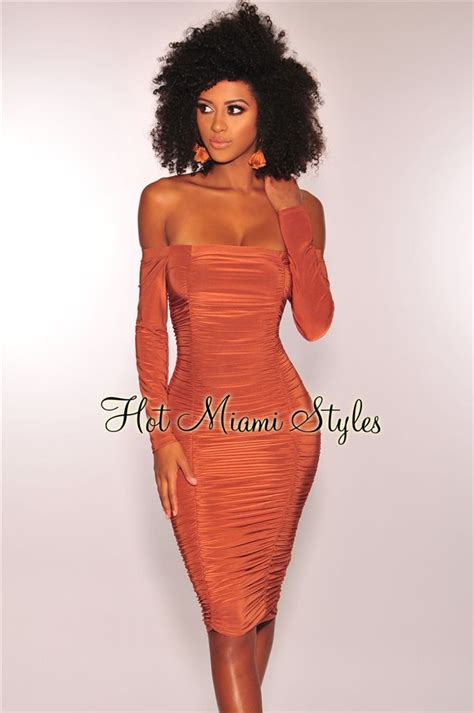 Pumpkin Spice Ruched Off Shoulder Dress Off Shoulder Dress Dresses Hot Miami Styles