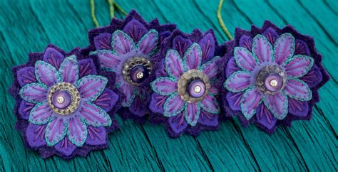 Flowers Felt Embroidered With Beads And Vintage Buttons Made By Kate
