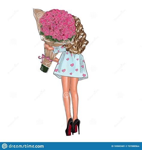 illustration of a girl with a bouquet of red roses stock illustration illustration of brown
