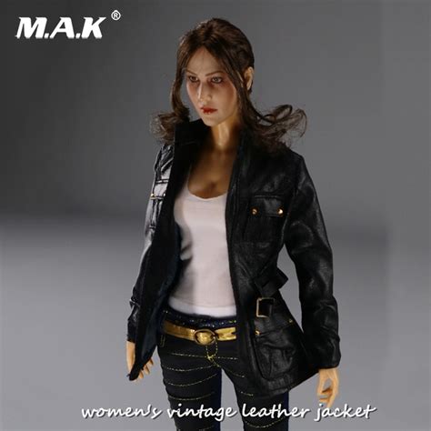 Sexy 16 Scale Female Cool Woman Female Agent Black Leather Jacket Coat