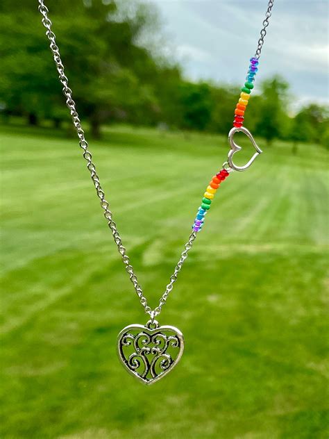 Pride Heart Necklace Silver Chain Heart Pendant Beaded Rainbow Etsy