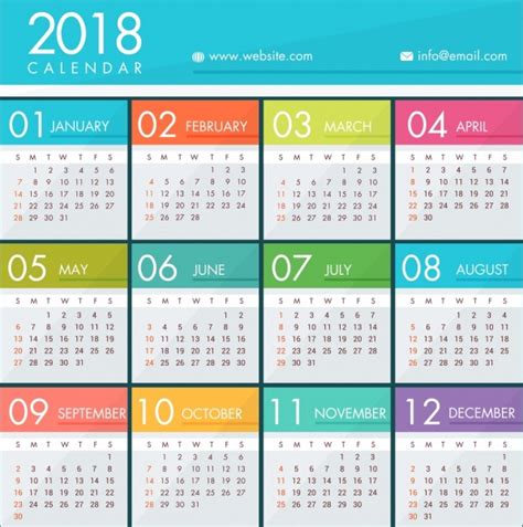 2018 Calendar Template Bright Colorful Modern Design Free Vector In