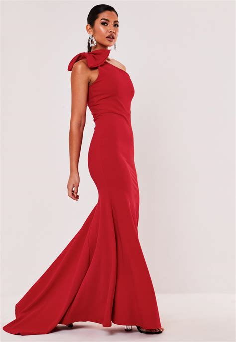 Red One Shoulder Bow Maxi Dress Missguided