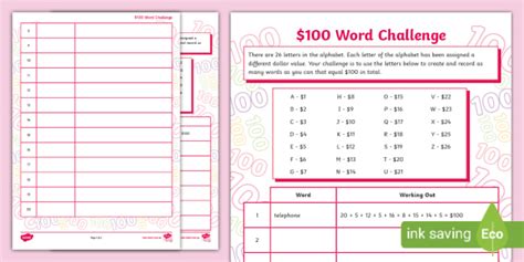100 Word Challenge Activity 100 Days Of School Twinkl
