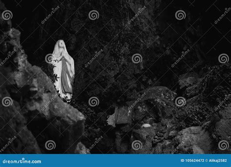 Statue Of Our Lady In The Cave Stock Photo Image Of Saint Text