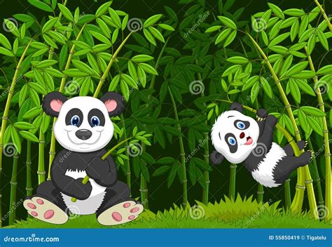 Cartoon Mom And Baby Panda In The Climbing Bamboo Tree Stock Vector
