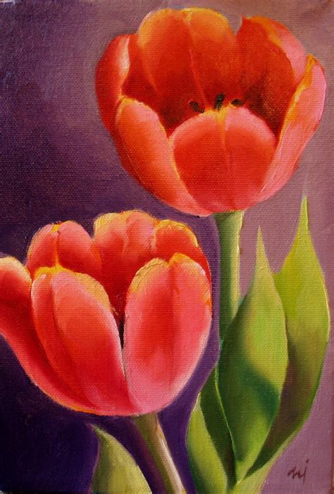 Two Red Tulips Oil On Stretched Canvas 6 X 9 Revised And Listed On