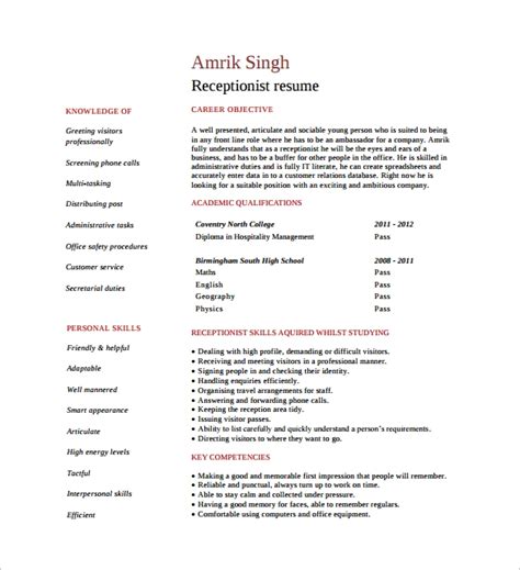 Learn how to write the perfect receptionist resume. FREE 9+ Sample Receptionist Resume Templates in PDF | MS Word