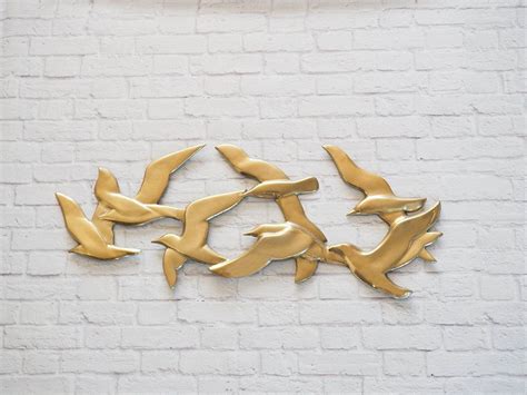 Vintage Mid Century Brass Birds Wall Sculpture 26 Flock Of Seagulls