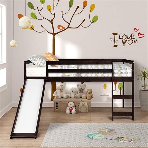 Churanty Wood Loft Bed With Slide For Kids Low Profile Kids Mini Loft