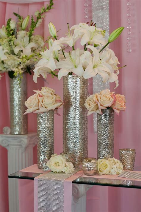 Pink And White Wedding Ceremony Flowers With Silver Bling