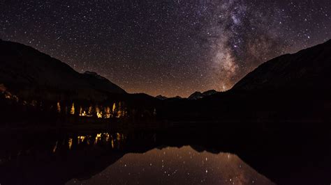 Download Wallpaper 1600x900 Lake Mountains Starry Sky Night Dark
