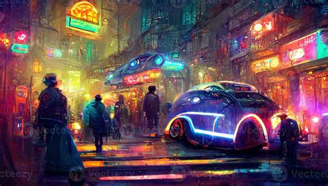 Calles De Cyberpunk Ciudad Vistoso Ciudad Luces Neón Señales Futurista