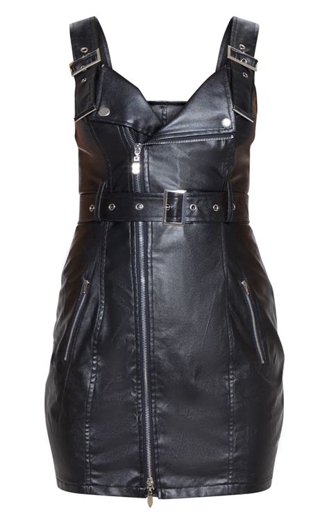 Black Faux Leather Buckle Bodycon Dress Prettylittlething Aus