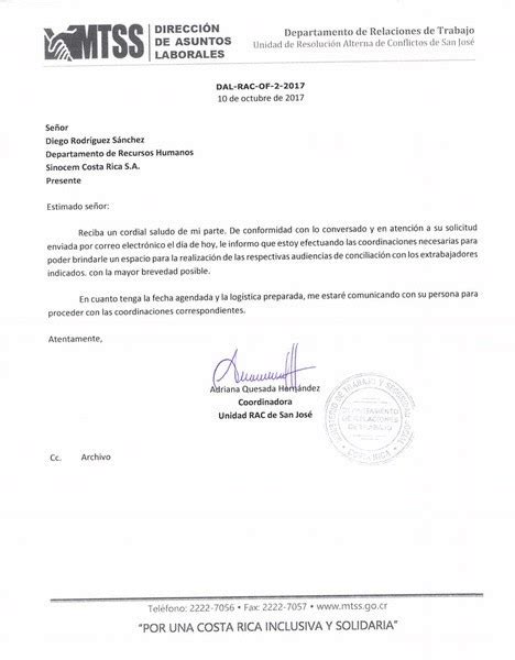 Carta De Despido Ministerio De Trabajo Costa Rica Soalan Av