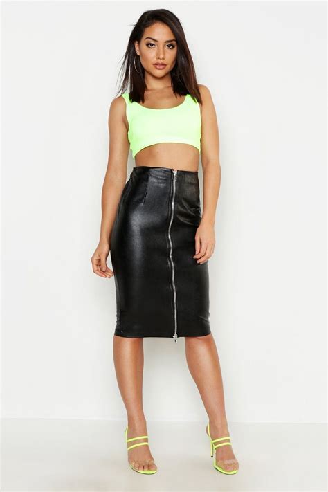 Pu Faux Leather Zip Front Midi Skirt Midi Skirt Skirts Leather Pencil Skirt