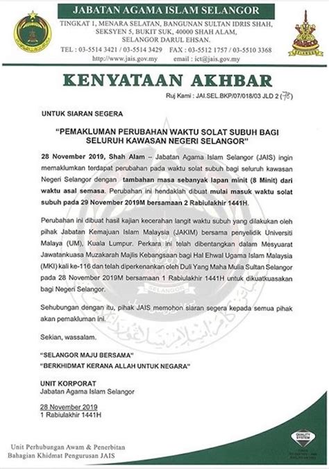 Along with that there are other public holidays mentioned in the list. Perubahan 8 minit waktu solat subuh Negeri Selangor, Kuala ...