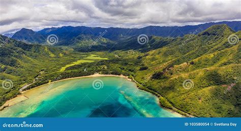 Aerial View Of Mountain Ridges And Coastline In Oahu Hawaii Stock Photo