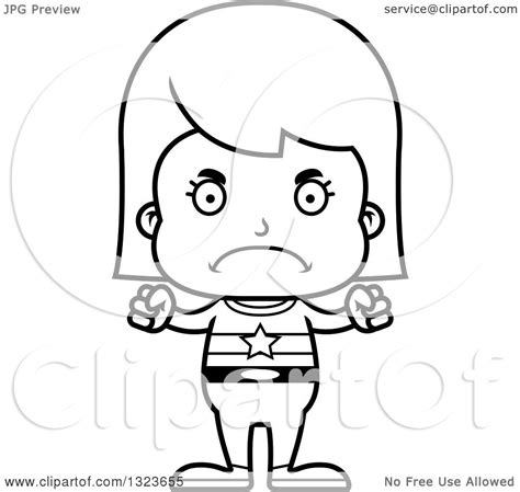 Outline Clipart Of A Cartoon Black And White Mad Girl Super Hero